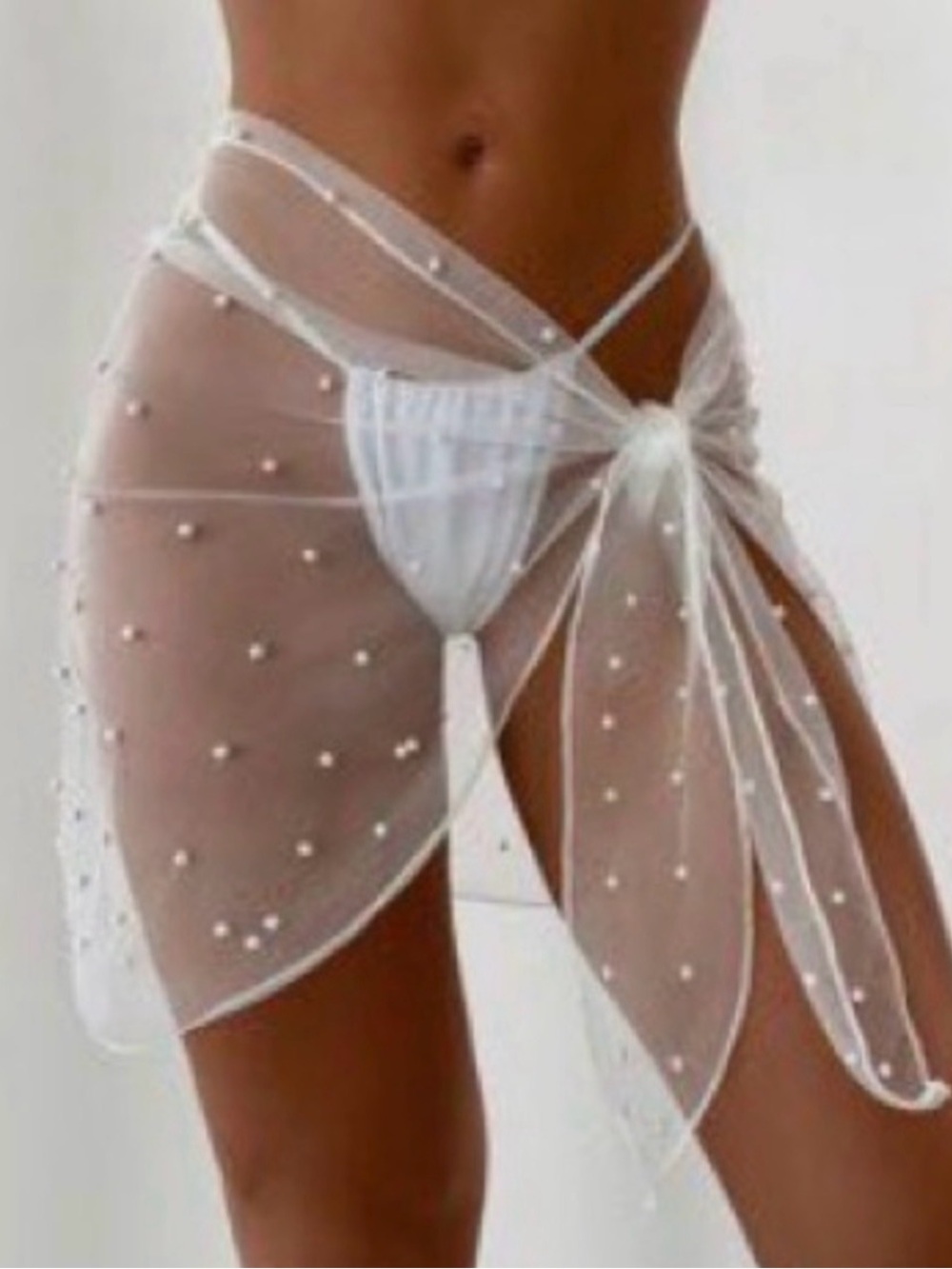 Sheer Pearl-Embellished White Sarong Cover-Up